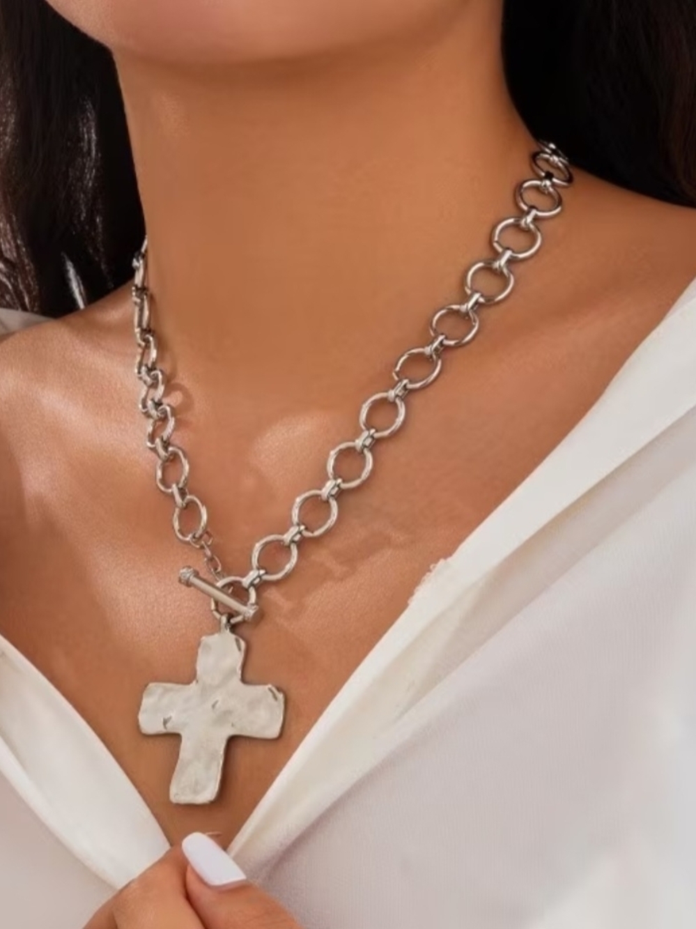 Viral Sterling-Look Hammered Cross Silver Link Toggle Necklace (New)